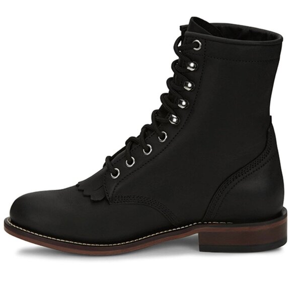 Justin SZ 8 Mckean 7" Black Leather Lace-Up Roper Boot Cottage Western Prairie - Picture 4 of 15